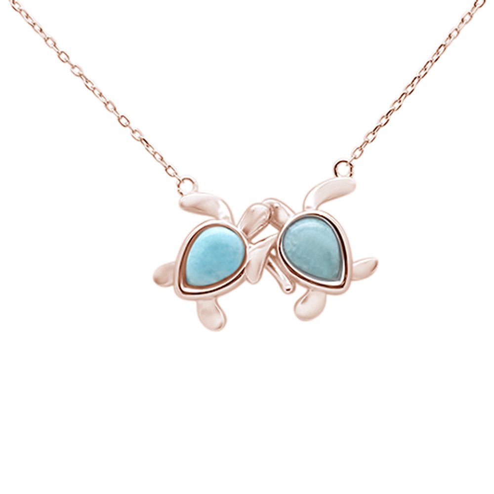 ''Rose Gold Plated Natural Larimar Two Turtles Love Friendship .925 STERLING SILVER Necklace 16-18''''''