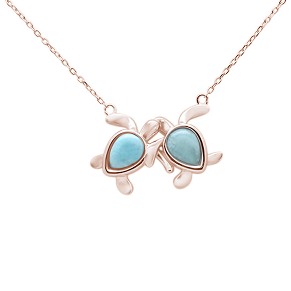 ''Rose Gold Plated Natural Larimar Two Turtles Love Friendship .925 Sterling Silver NECKLACE 16-18''''''