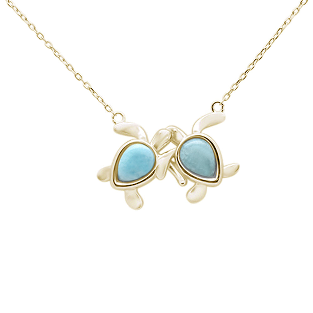''Yellow Gold Plated Natural Larimar Two Turtles Love Friendship .925 STERLING SILVER Necklace 16-18''
