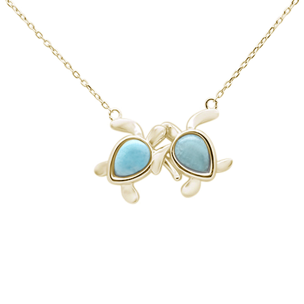 ''Yellow GOLD Plated Natural Larimar Two Turtles Love Friendship .925 Sterling Silver Necklace 16-18''