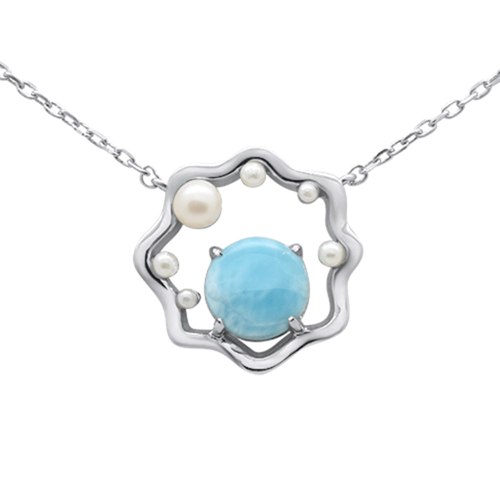 ''.925 Sterling Silver Natural Larimar & Pearl PENDANT Necklace 16-18'''' Extension''