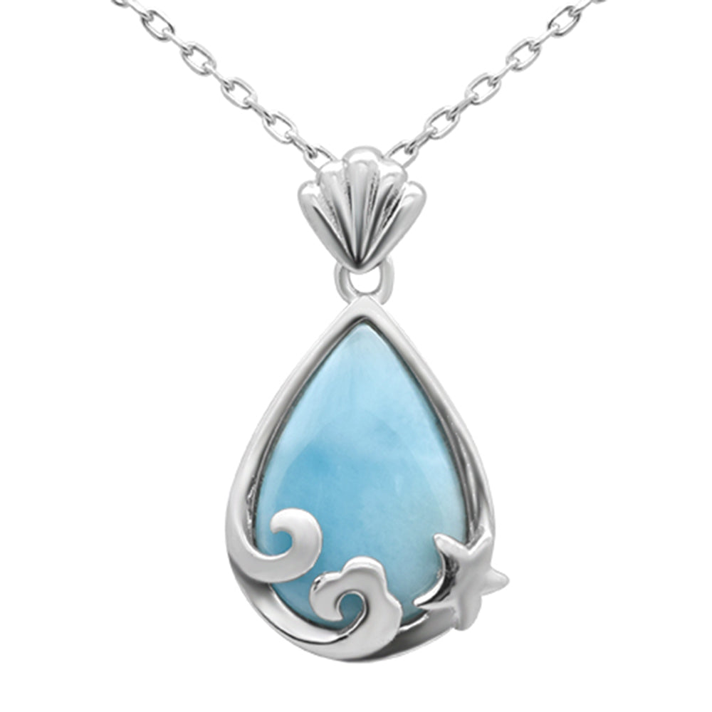 ''.925 Sterling Silver Natural Larimar Pear Shaped Pendant NECKLACE 16-18'''' Extension''