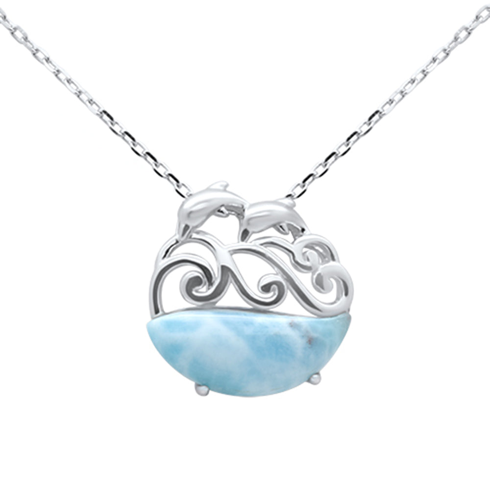 ''.925 STERLING SILVER Natural Larimar Dolphin Waves Pendant Necklace 16-18'''' Extension''