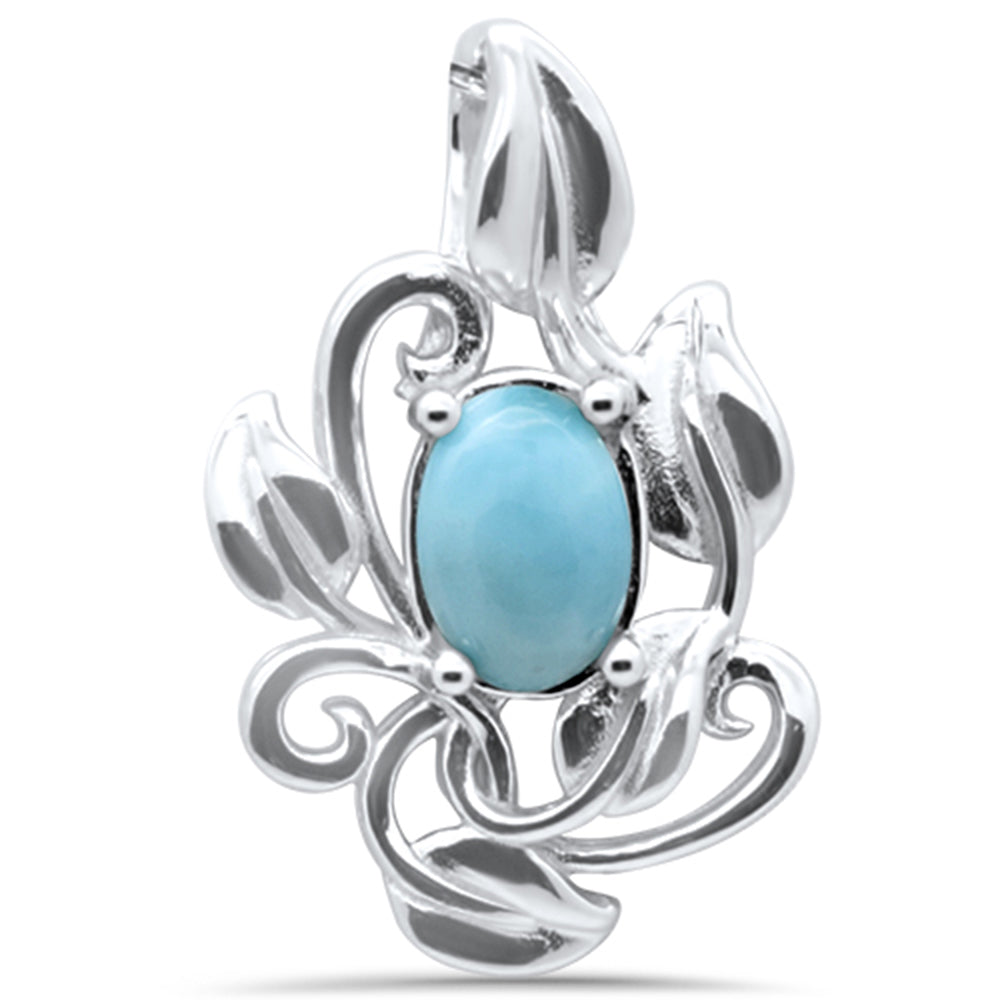 Oval Natural Larimar Vine with Leaves .925 STERLING SILVER Pendant