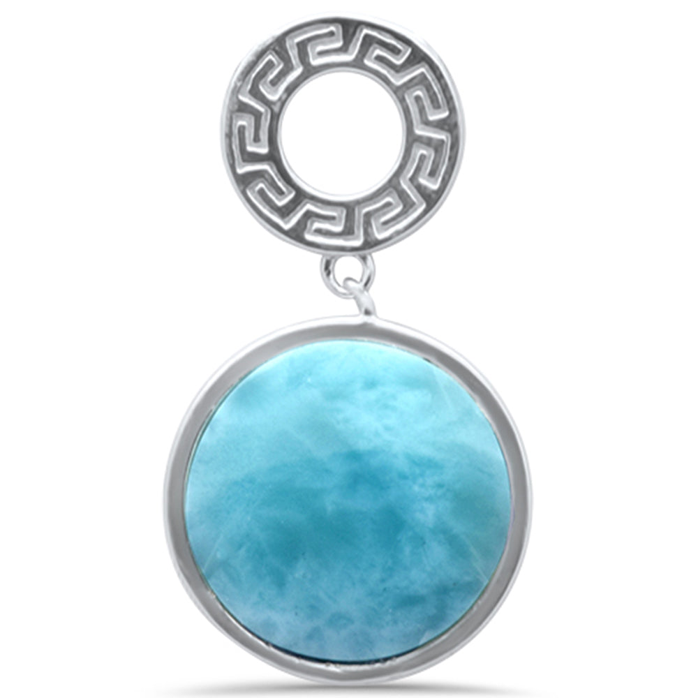 ''Round Natural Larimar Greek Design .925 Sterling Silver Pendant NECKLACE 16-18'''' Extension''