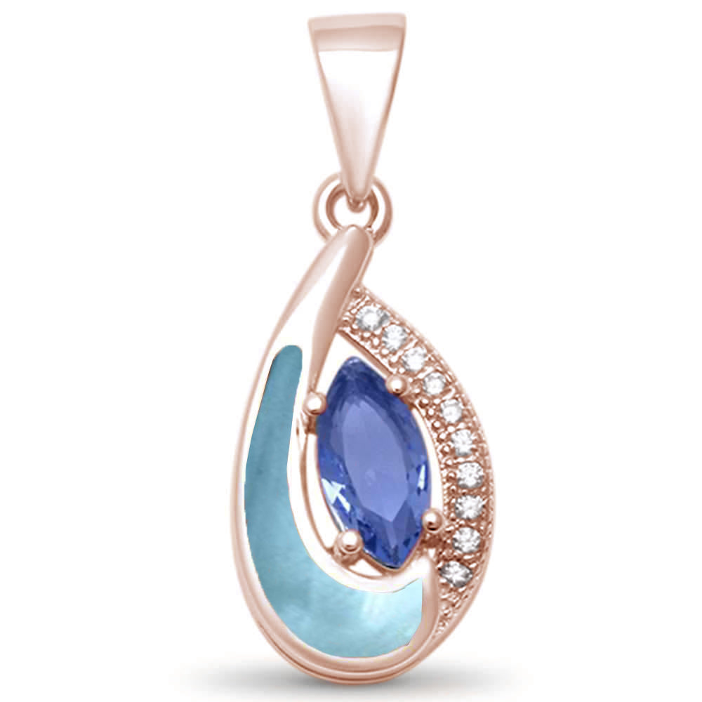 ''Rose GOLD Plated Tear Drop Tanzanite, Cz & Natural Larimar .925 Sterling Silver Pendant''