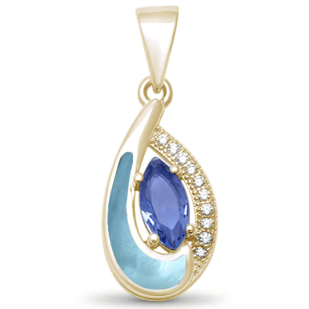 ''Yellow Gold Plated Tear Drop Tanzanite, Cz & Natural Larimar .925 Sterling Silver PENDANT''