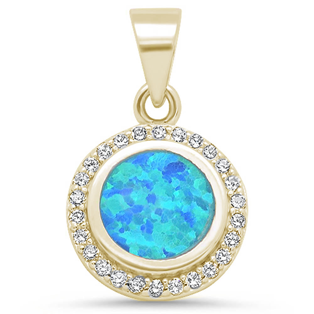 Yellow GOLD Plated Round Blue Opal & Cubic Zirconia .925 Sterling Silver Pendant