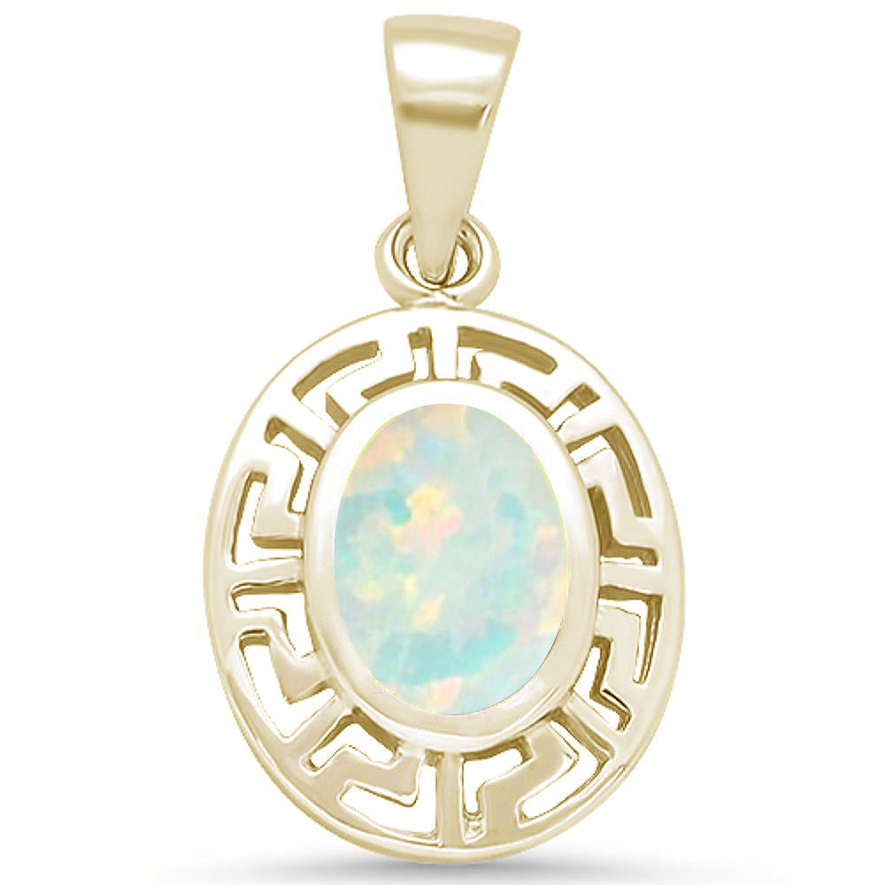 CLOSEOUT! Yellow GOLD Plated Oval White Opal Greek Key .925 Sterling Silver Pendant