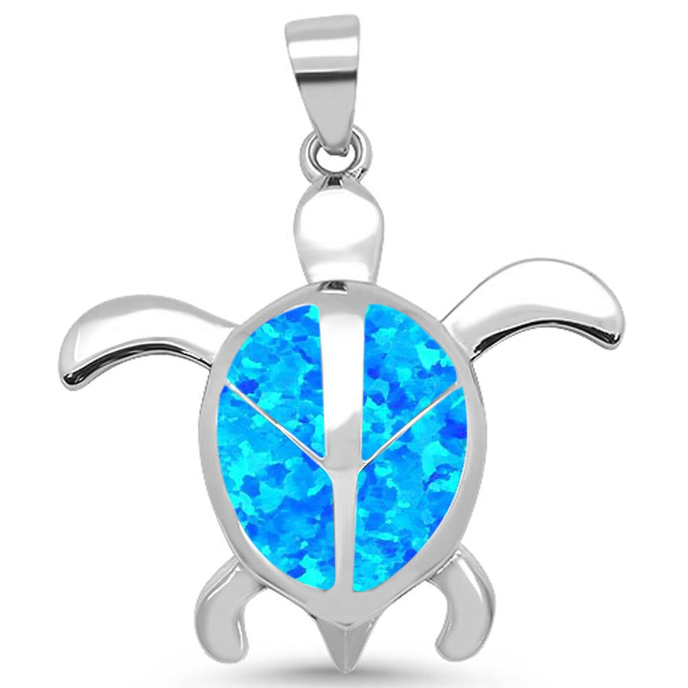 Blue Opal Turtle With PEACE Sign .925 Sterling Silver Pendant