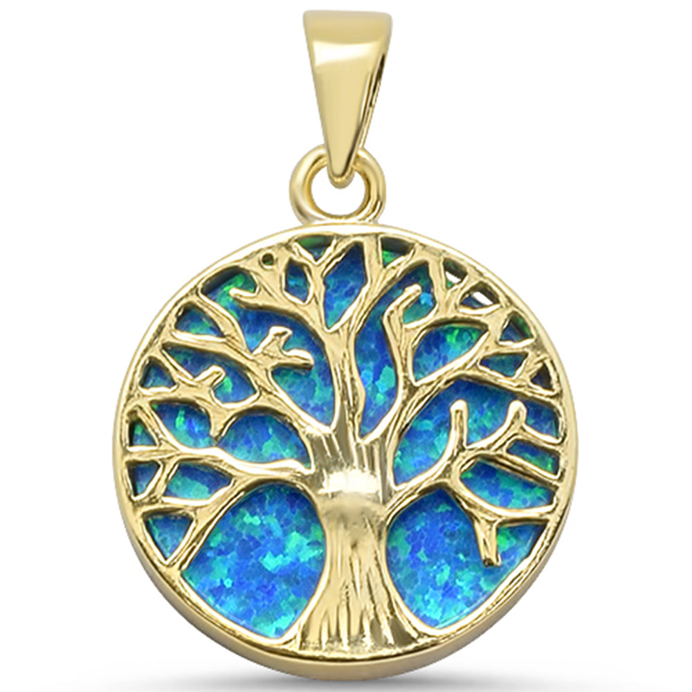 Yellow GOLD Plated Round Blue Opal Tree of Life Design .925 Sterling Silver Pendant