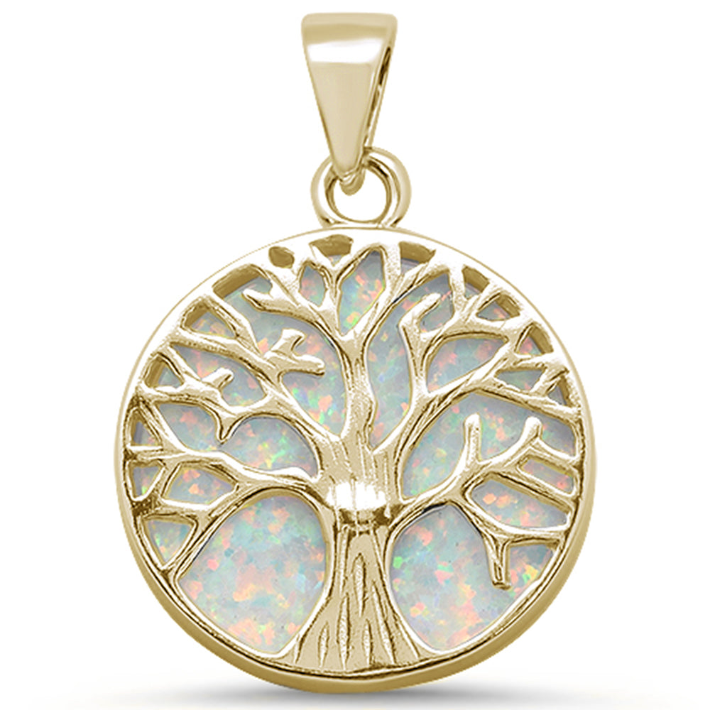 Yellow GOLD Plated Round White Opal Tree of Life Design .925 Sterling Silver Pendant