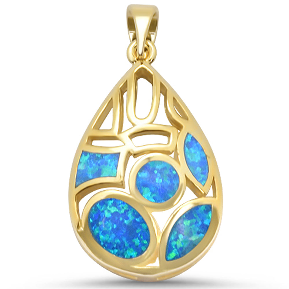 CLOSEOUT! Yellow GOLD Plated Blue Opal Design .925 Sterling Silver Pendant