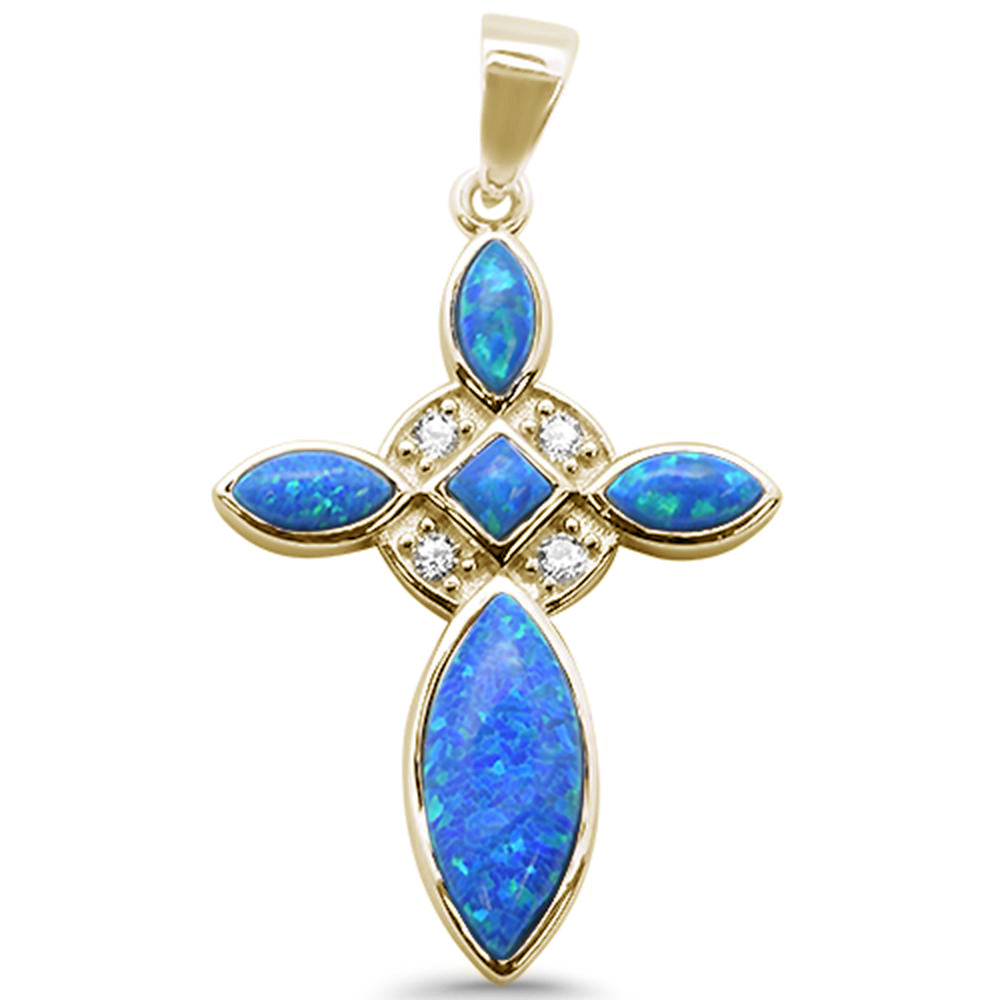 Yellow GOLD Plated Blue Opal Cross & Cz .925 Sterling Silver Charm Pendant