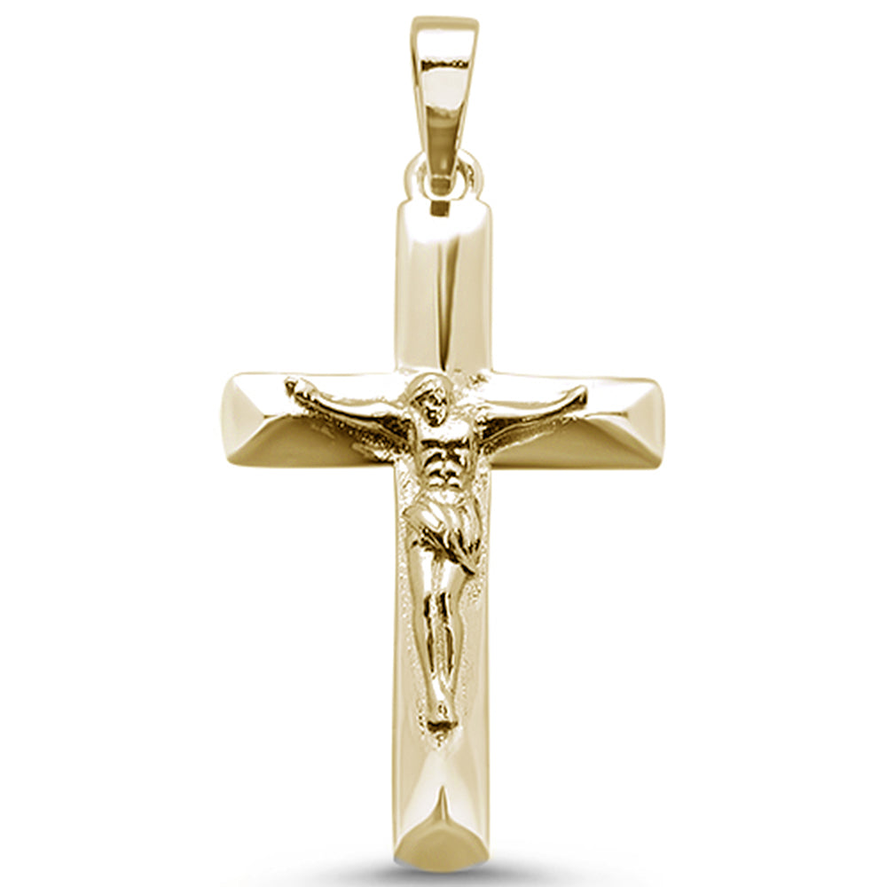 Yellow Gold Plated Solid Plain Jesus Cross .925 Sterling Silver Pendant