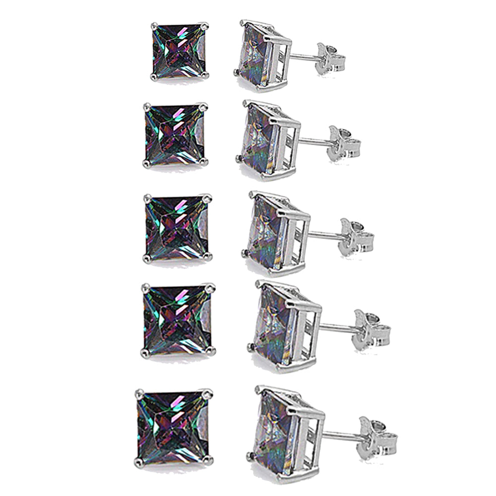 Square Rainbow Topaz CUBIC ZIRCONIA Casting Stud .925 Sterling Silver Earrings 2MM-10MM Available