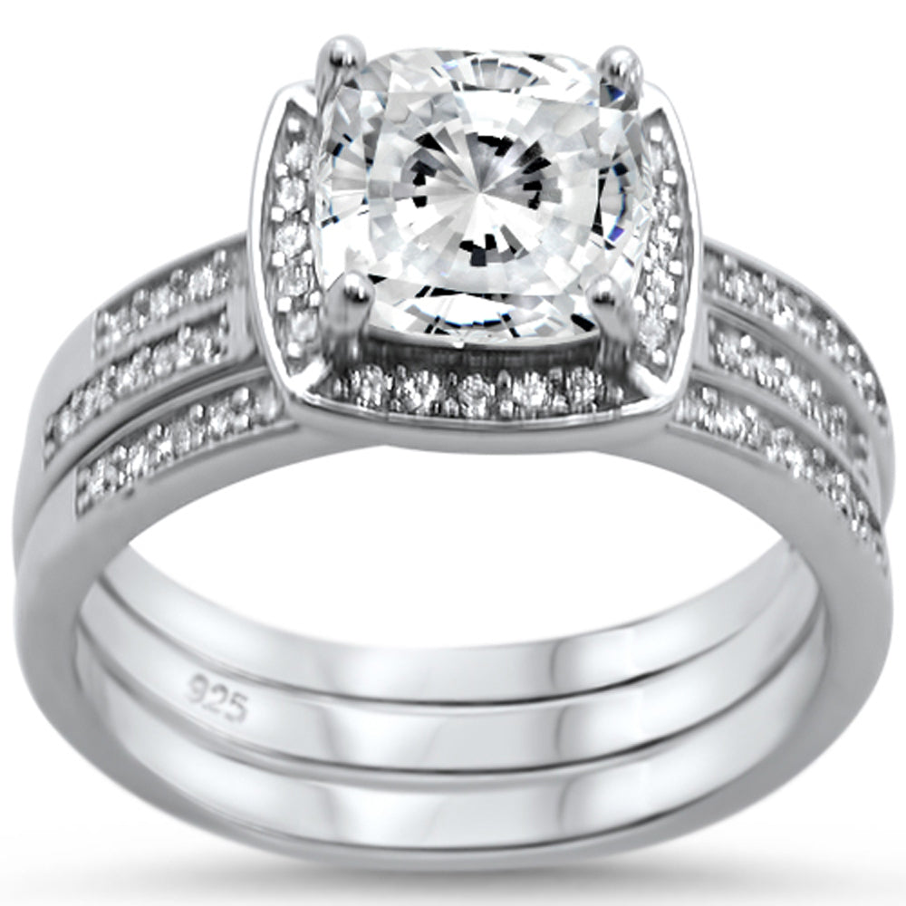 CLOSEOUT! Cushion Cut Three PIECE Engagement .925 Sterling Silver Ring Set