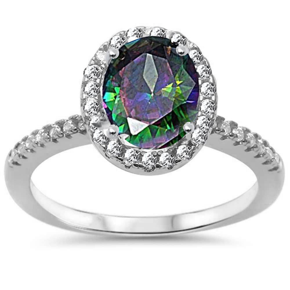 Oval Rainbow Topaz & Cubic Zirconia Halo .925 Sterling Silver RING Sizes 5-10