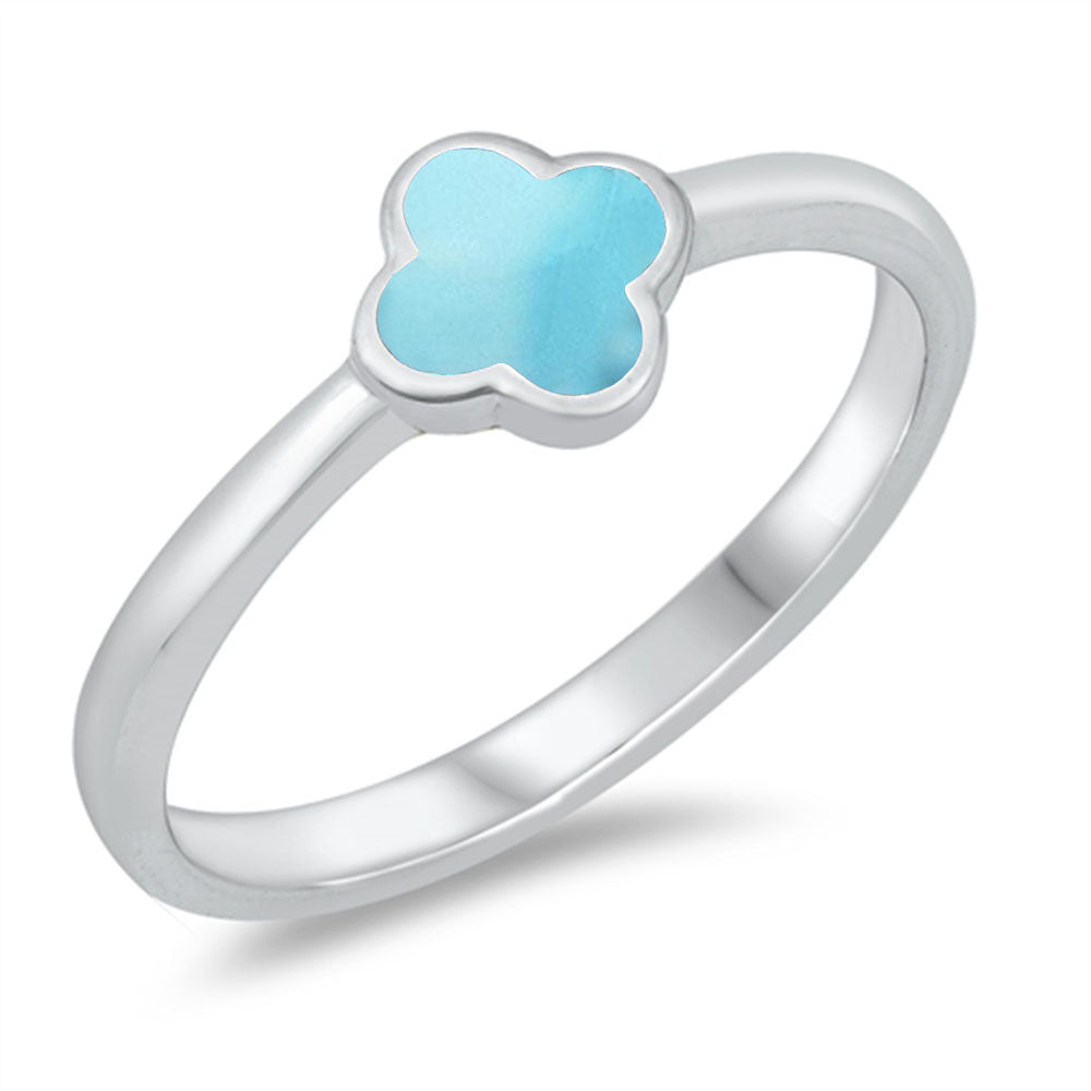 Natural Larimar Clover FLOWER .925 Sterling Silver Ring Sizes 5-10