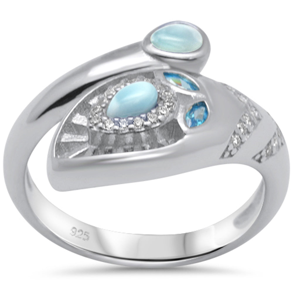 Natural Larimar & Cubic Zirconia & Blue Topaz .925 Sterling Silver RING Size 8