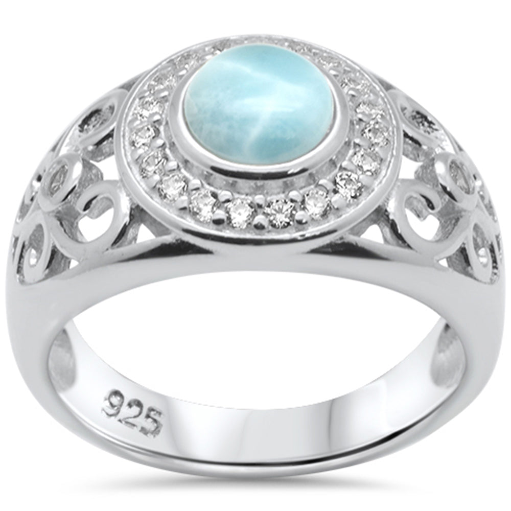 Round Shaped Halo Filigree Natural Larimar & CZ .925 STERLING SILVER Ring Size 8