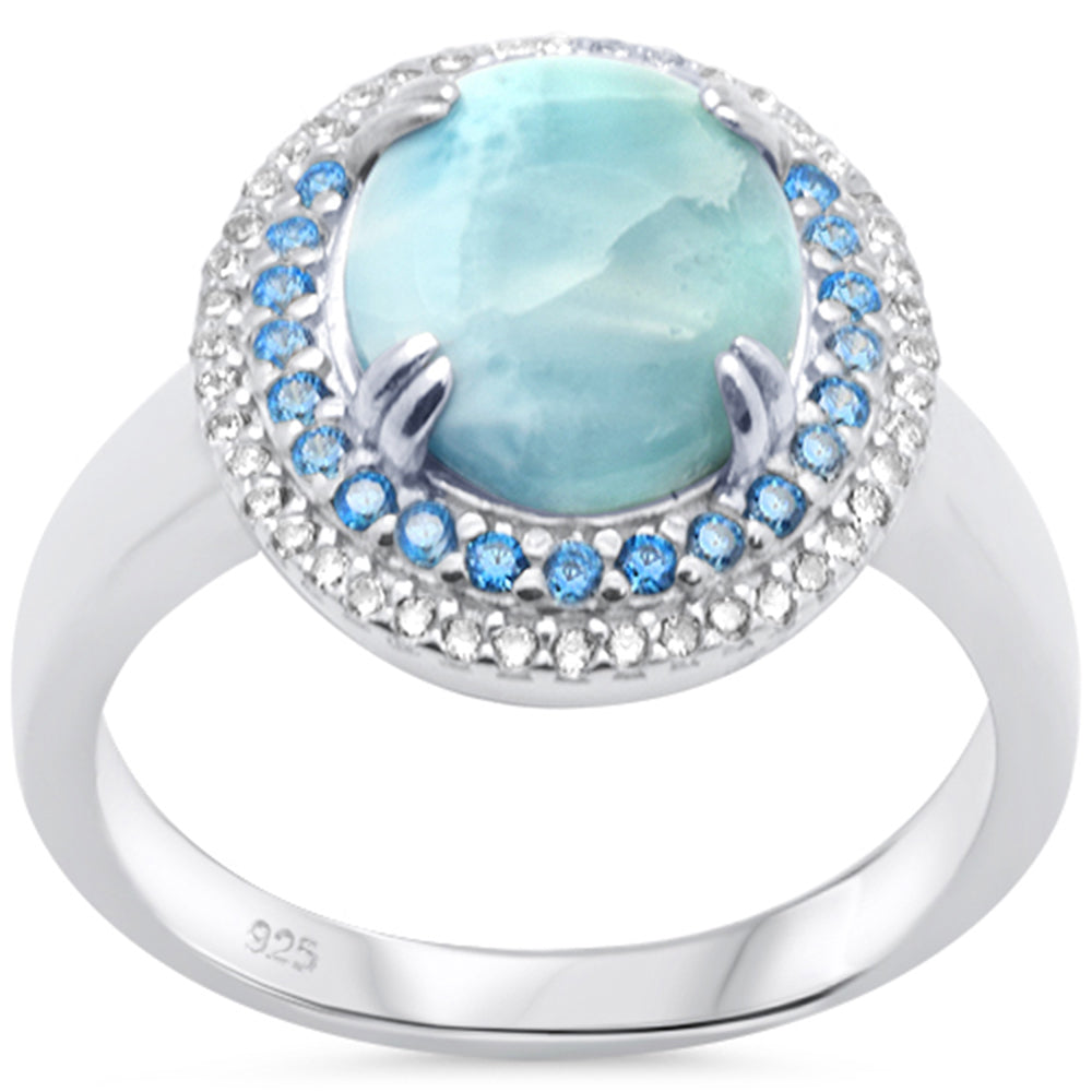 ''CLOSEOUT! Oval Natural Larimar, CZ & Blue Topaz Double Halo .925 Sterling Silver RING Size 8''