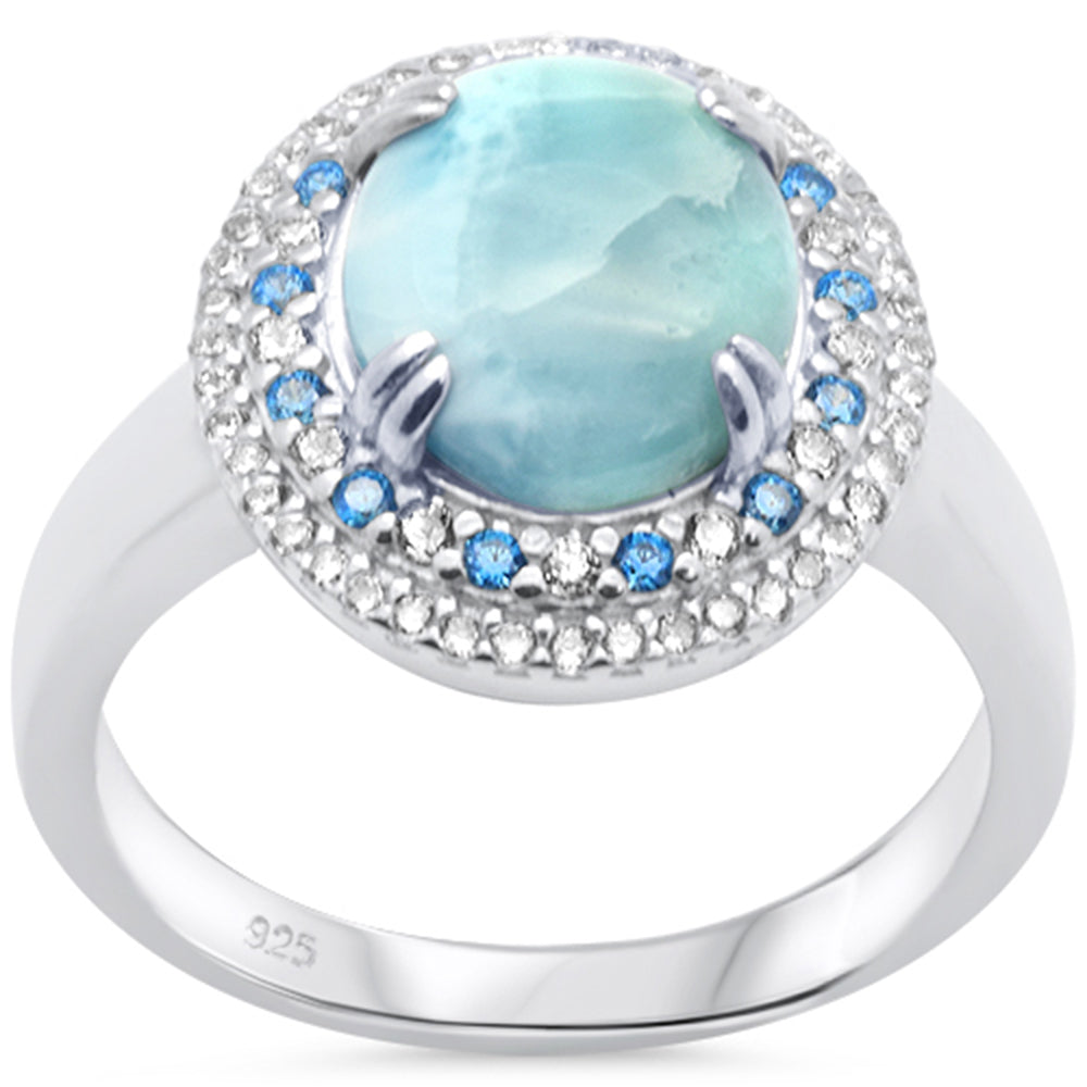 ''Oval Natural Larimar,CZ & Blue Topaz Double Halo .925 Sterling Silver RING Size 8''