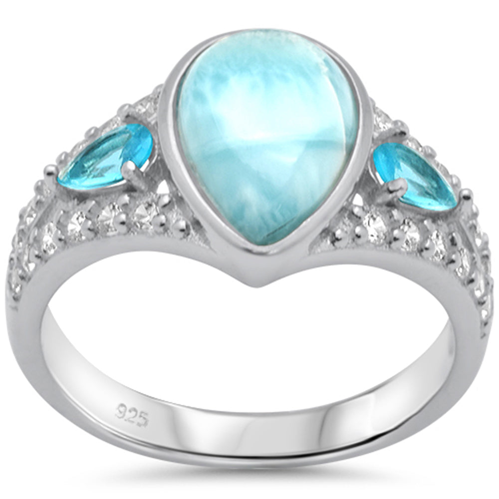 ''Pear Shaped Larimar, CUBIC ZIRCONIA & Blue Topaz .925 Sterling Silver Ring Size 8''