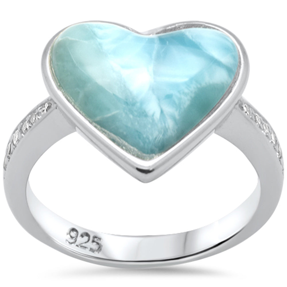 Heart Shaped Natural Larimar & CZ .925 Sterling Silver RING Size 8