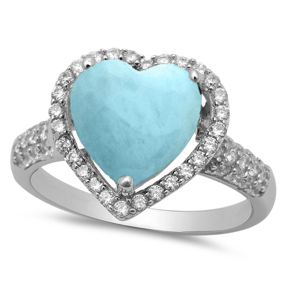 CLOSEOUT! Sterling Silver Larimar Heart CZ .925 Sterling Silver Ring Sizes 5-10