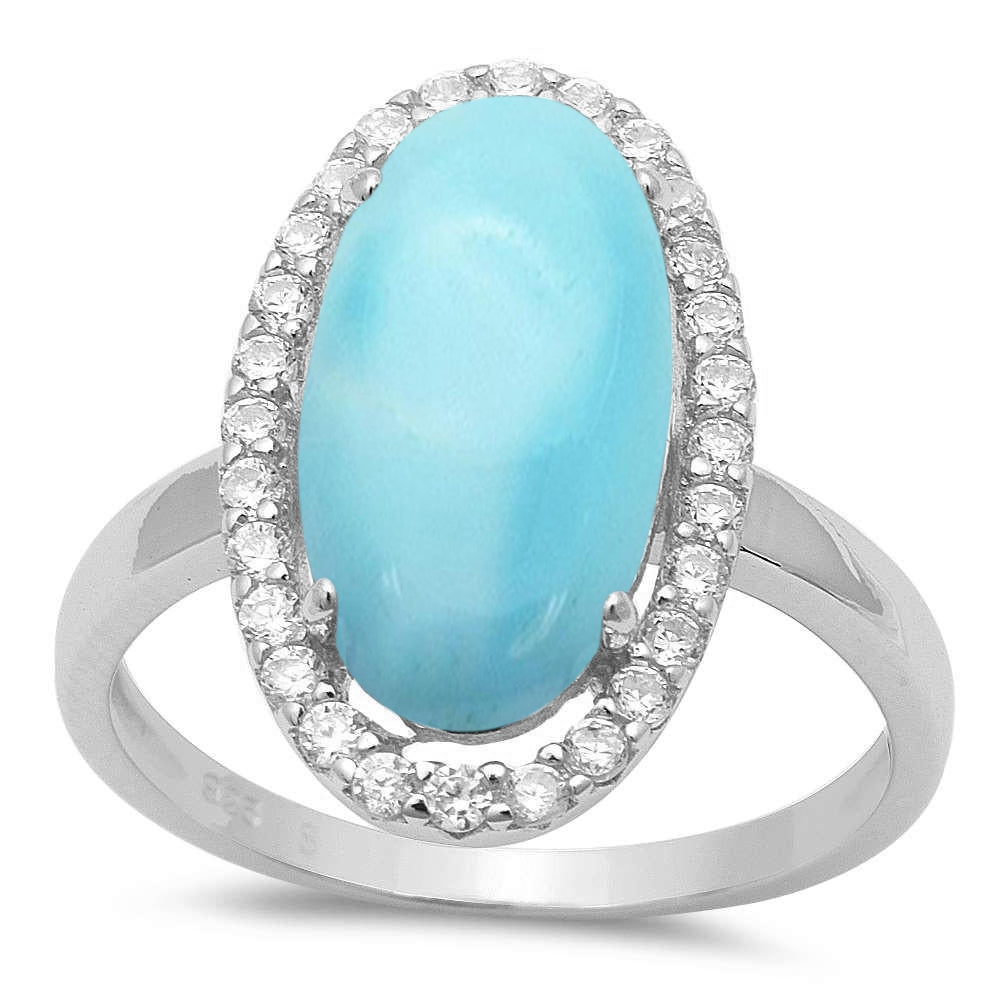 Halo Oval Natural Larimar & CZ .925 STERLING SILVER Ring Sizes 5-10