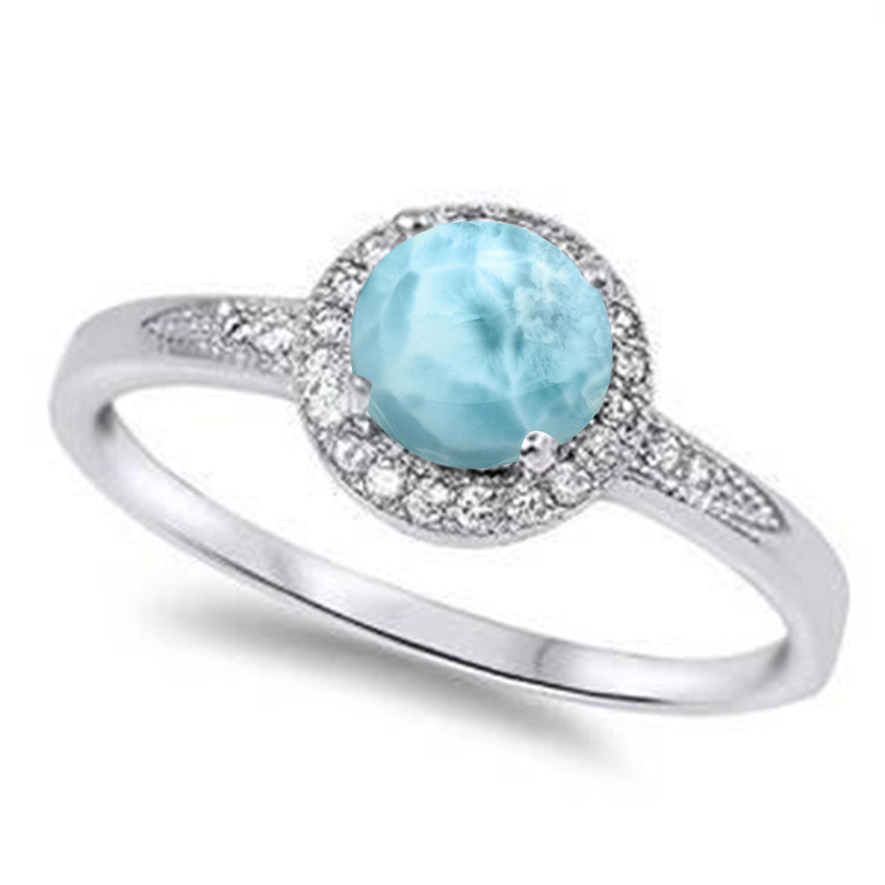 Halo Natural Larimar & White Cubic Zirconia .925 Sterling Silver RING Sizes 5-10