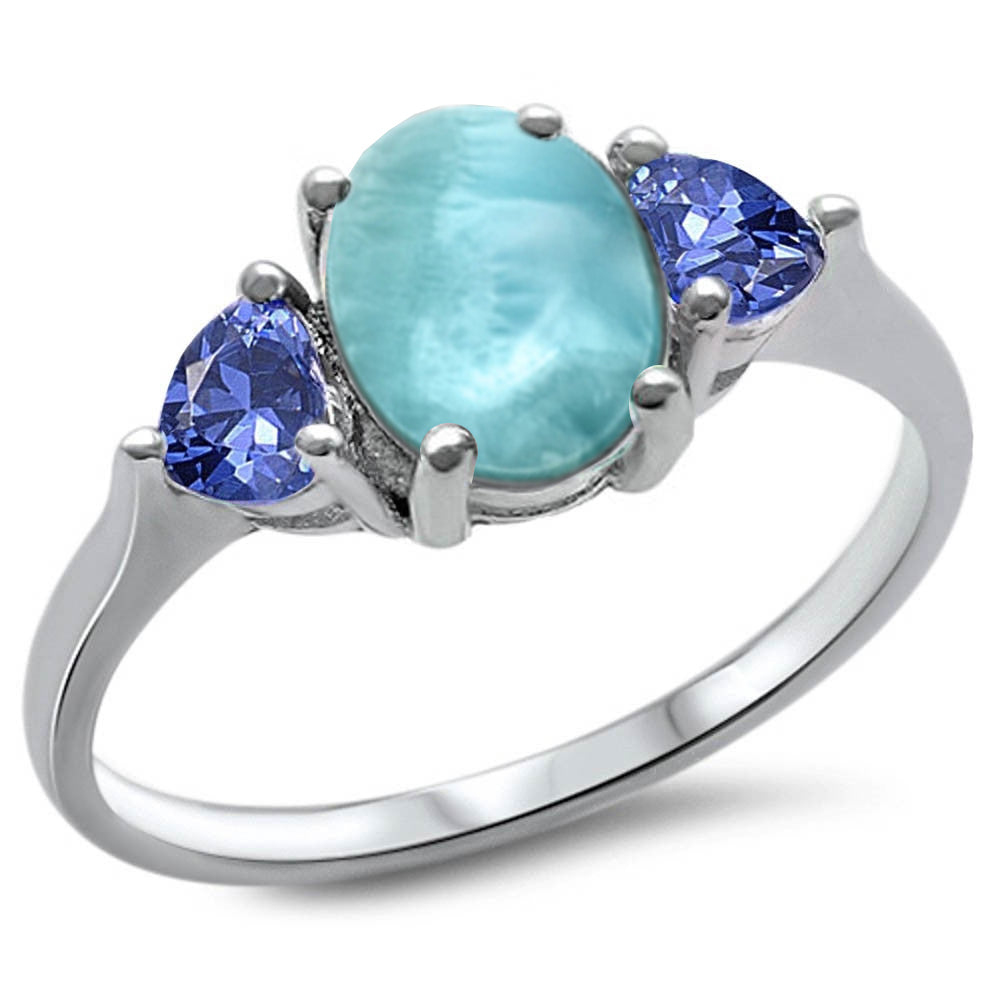 Oval Natural Larimar & Heart Tanzanite .925 Sterling Silver RING Sizes 9-10