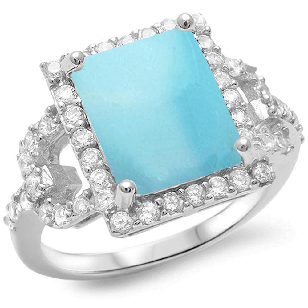 Radiant Shape Natural Larimar & Sparkling Cubic Zirconia .925 Sterling Silver RING Sizes 5-10
