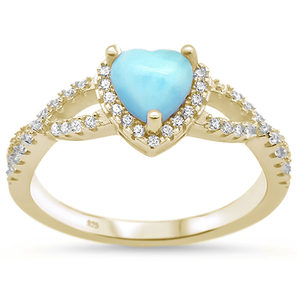 Yellow GOLD Plated Natural Larimar Heart with Cubic Zirconia .925 Sterling Silver Ring Sizes 5-10