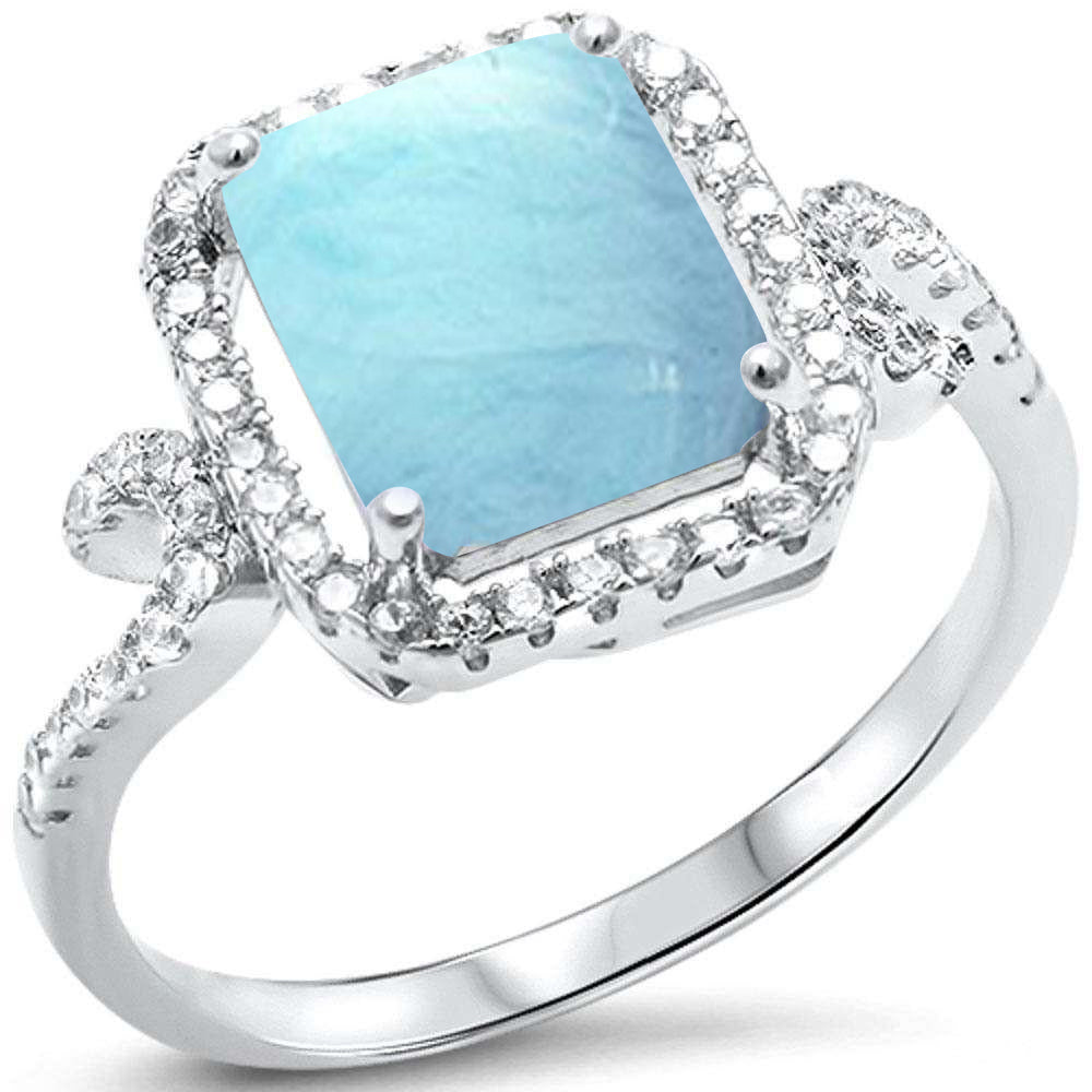 Natural Larimar & Cubic Zirconia Radiant Cut .925 Sterling Silver RING Sizes 6-8