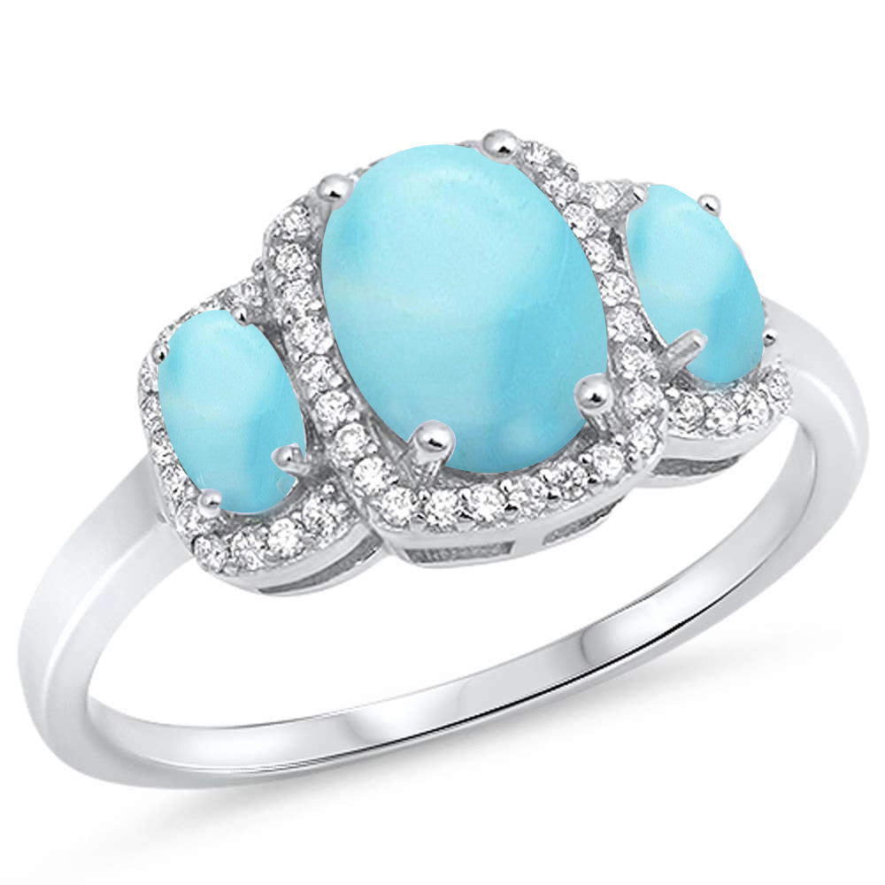 Oval Natural Larimar Halo CUBIC ZIRCONIA .925 Sterling Silver Ring Sizes 5-10