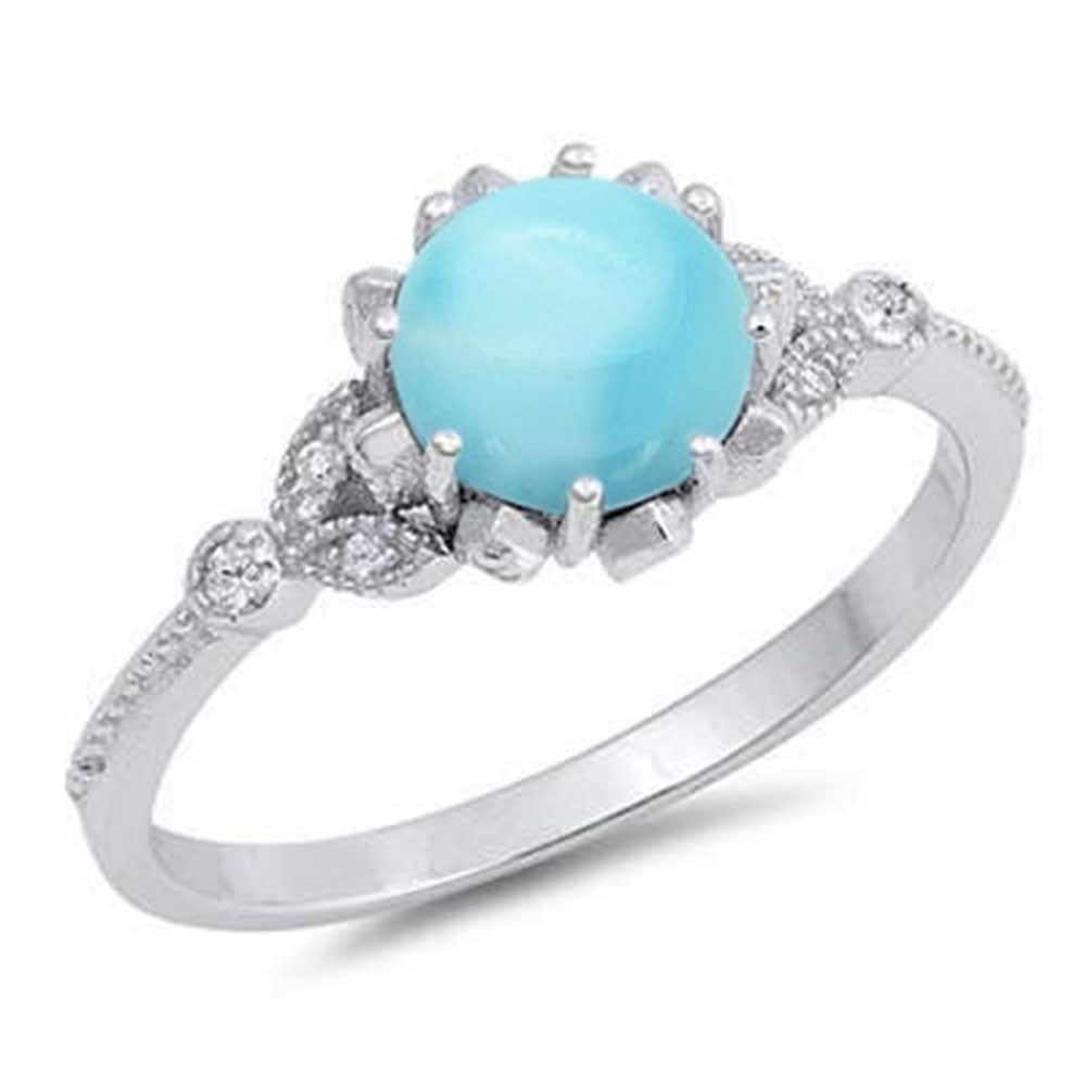 Natural Larimar & CZ Round Shape with Bezel .925 Sterling Silver RING Sizes 5-9