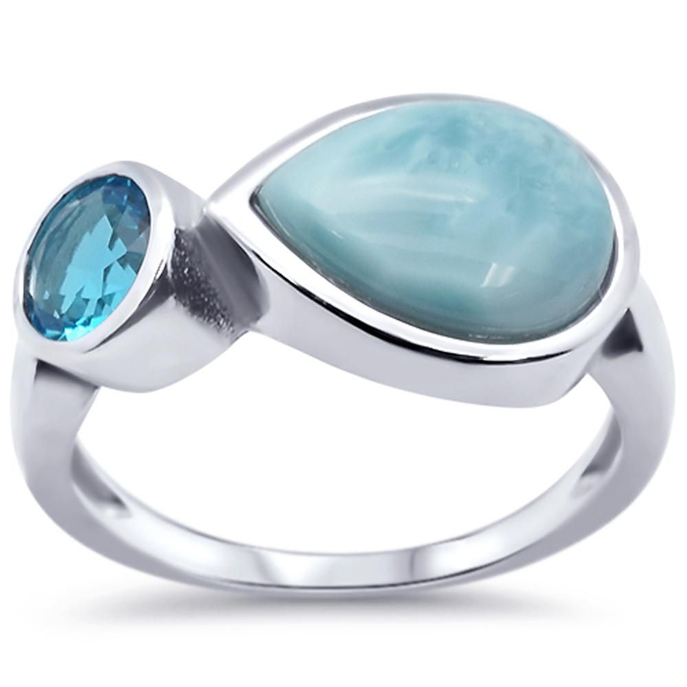 Pear Natural Larimar & Blue Topaz .925 Sterling Silver RING Sizes 5-10