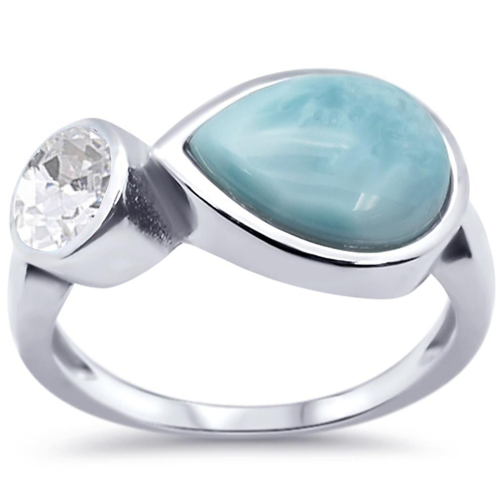 CLOSEOUT!Pear Natural Larimar & Cubic-zirconia .925 STERLING SILVER Ring Sizes 6