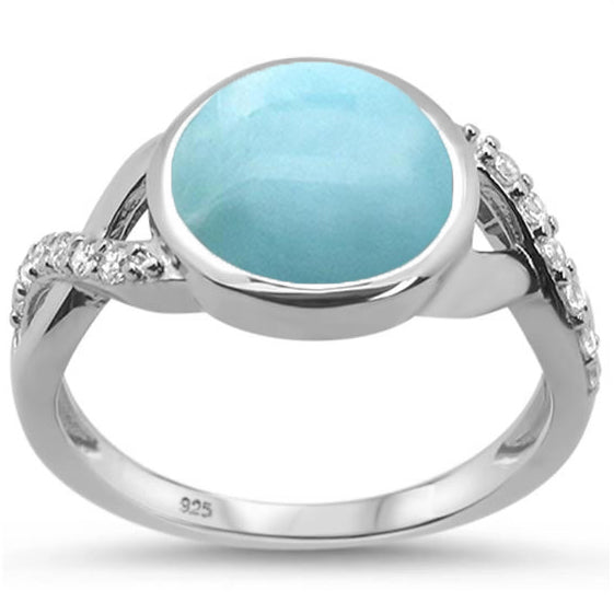 Round Natural Larimar & Cubic Zirconia .925 Sterling Silver RING Sizes 6-8
