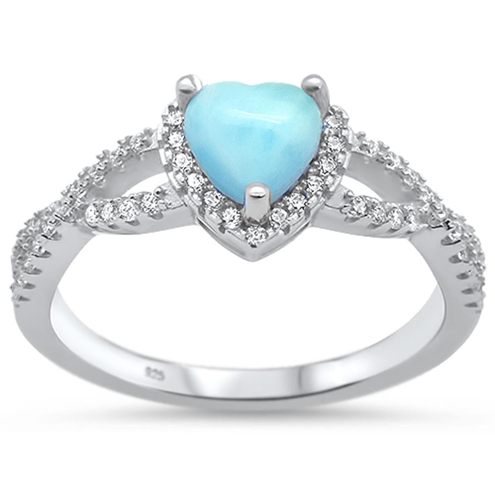 Natural Larimar Heart with Cz .925 Sterling Silver RING Sizes 5-10