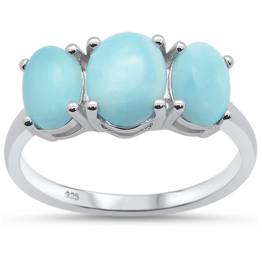 Oval Three Stone Natural Larimar .925 STERLING SILVER Ring Sizes 5-10