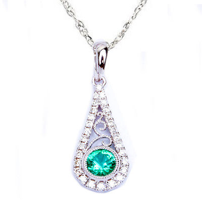 GEMSTONE CLOSEOUT  .42ct Antique Filigree Green Emerald & Diamond 14kt White gold PENDANT w/ chain