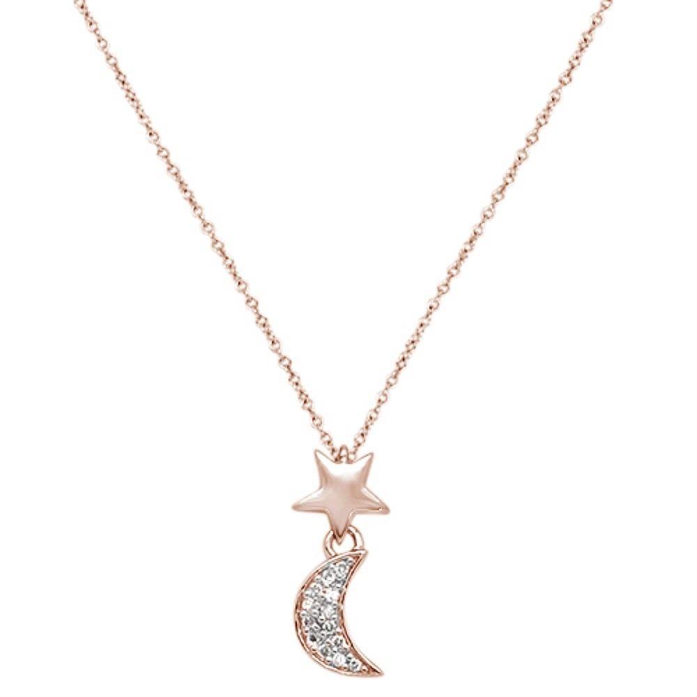 ''.06cts 14kt Rose Gold  Crescent Moon Star Diamond Pendant NECKLACE 18'''' Long''