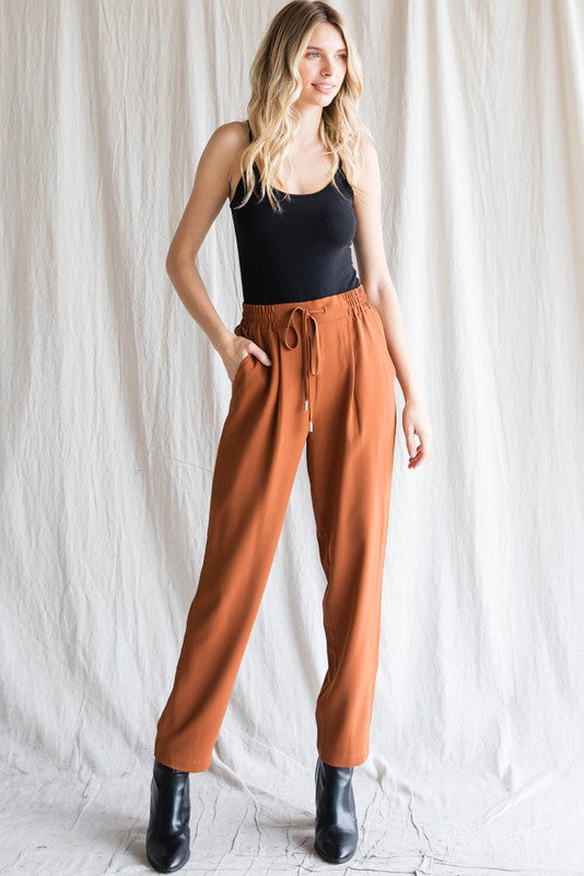 Front Seam Elastic Waist Flare Leg Pants (Khaki)