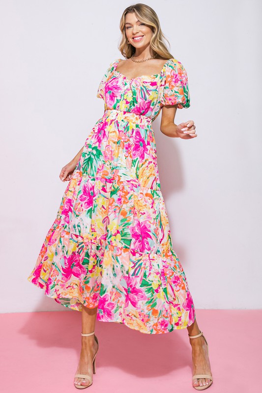  Pockety Women's Dress Floral Print Puff Sleeve Organza