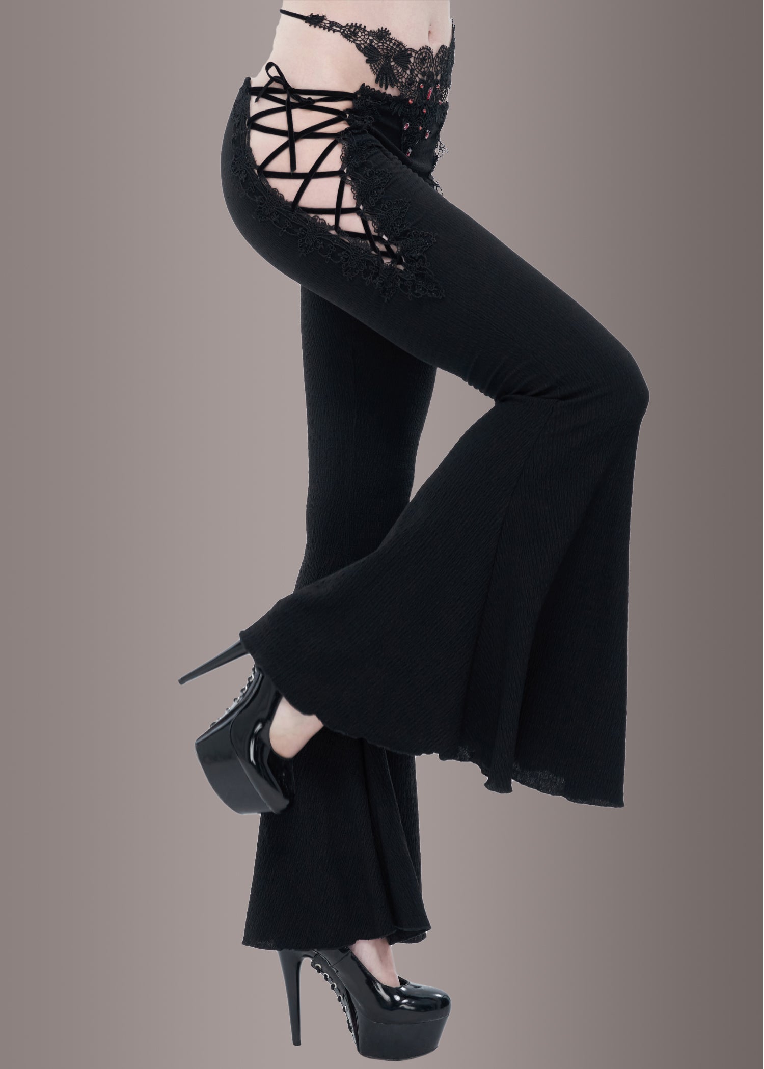 Black Lace Up Bell Bottoms, Goth Flare Pant