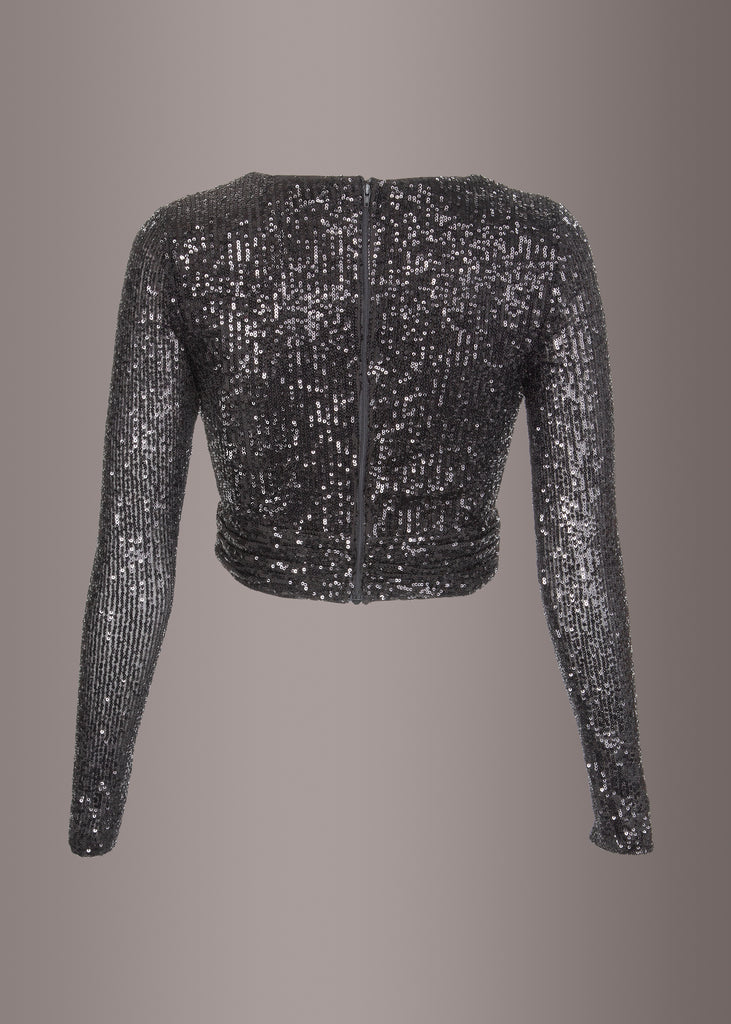 Shop Longsleeve Black Sequin Crop Top with Deep V | Pretty Attitude ...