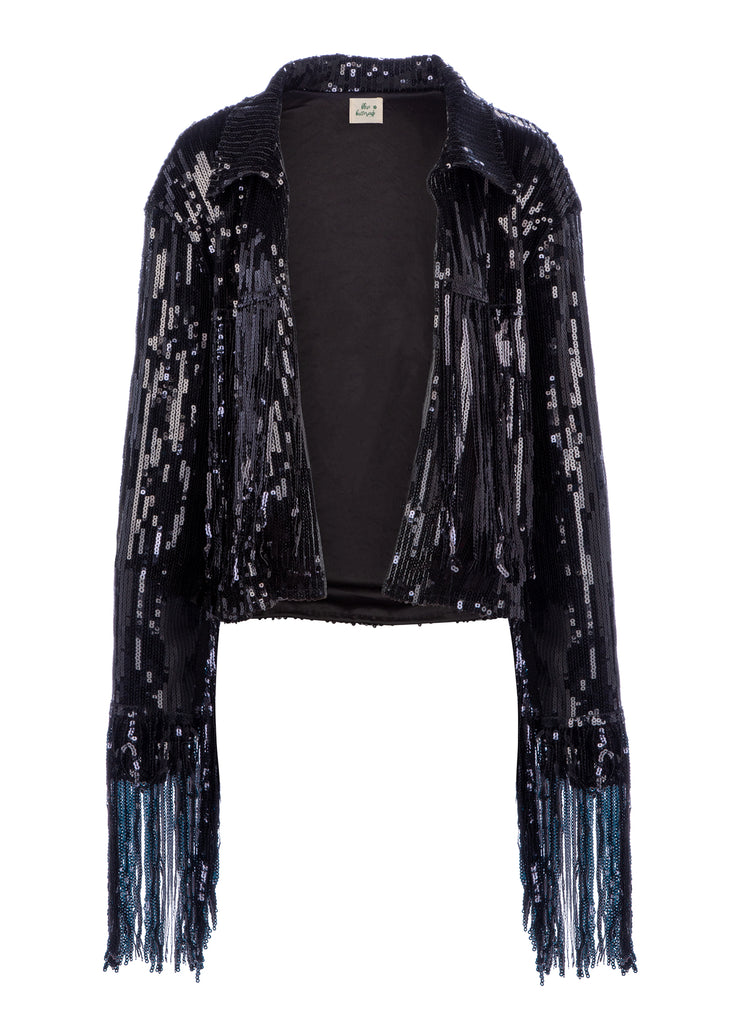 Black Sequin Fringe Jacket | Sequined Jacket | Tassle Sequin Jacket ...